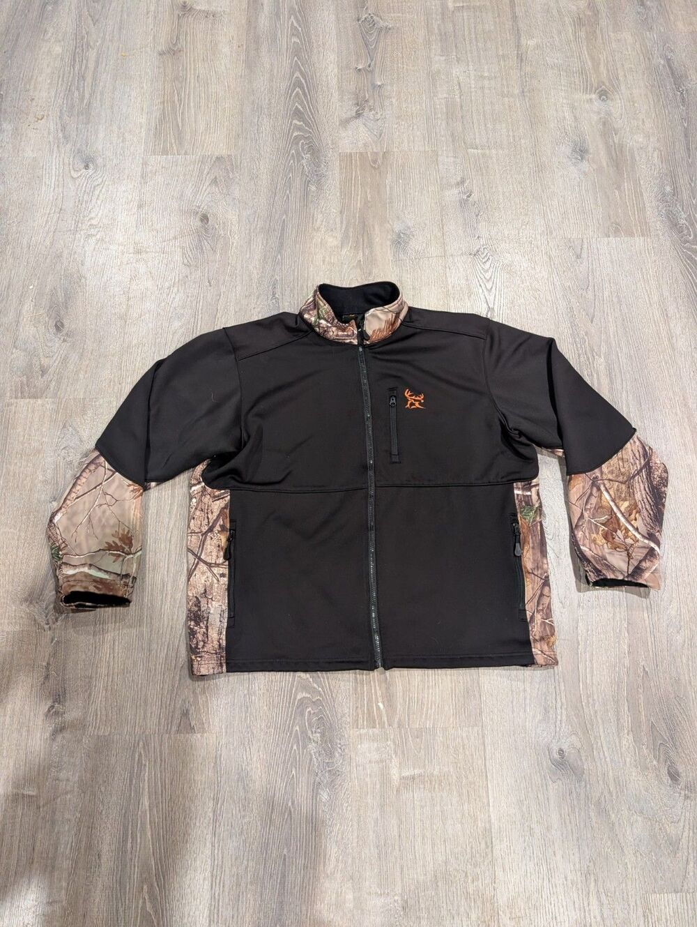 Bushmaster Softshell Jacket Mens XL Black Realtree Camo Orange Logo Full Zip